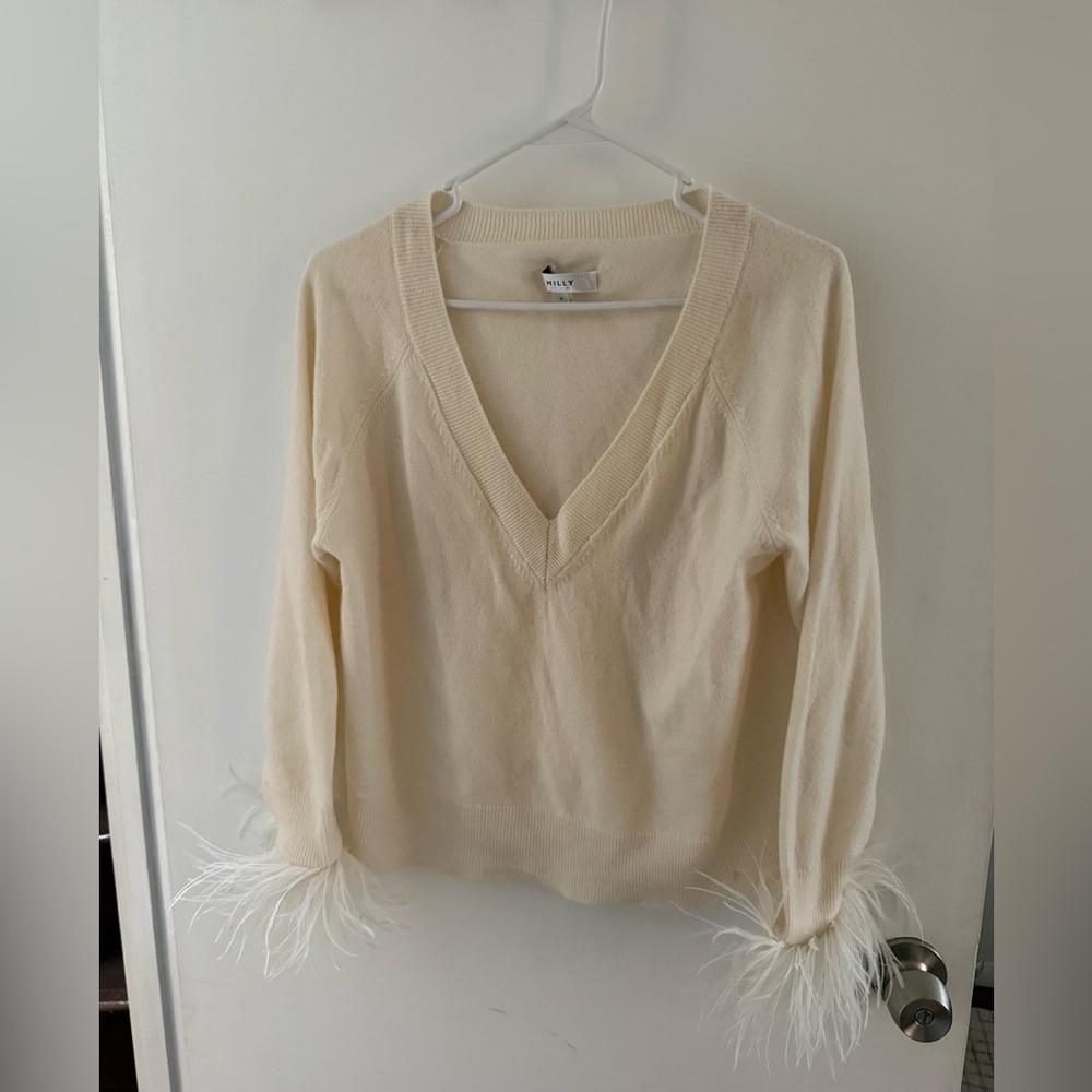 Milly Cream V-Neck Sweater with Feather Cuffs Size M